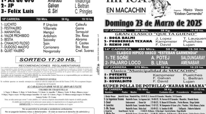El Programa del Club Hípico “Esteban Garmendia” MACACHIN para este domingo 23 de marzo