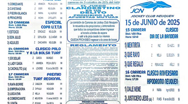 Programa Oficial del Hipódromo Neuquén para este domingo 15 de junio