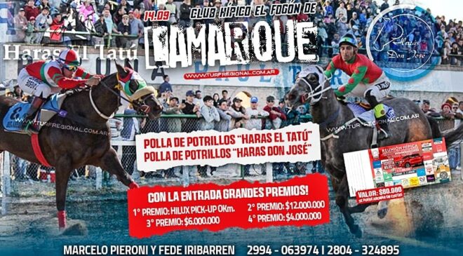 El 14 de septiembre se corren la Polla “Haras El Tatú” y Haras Don José” en el Fogón de Lamarque, aquí los adelantos