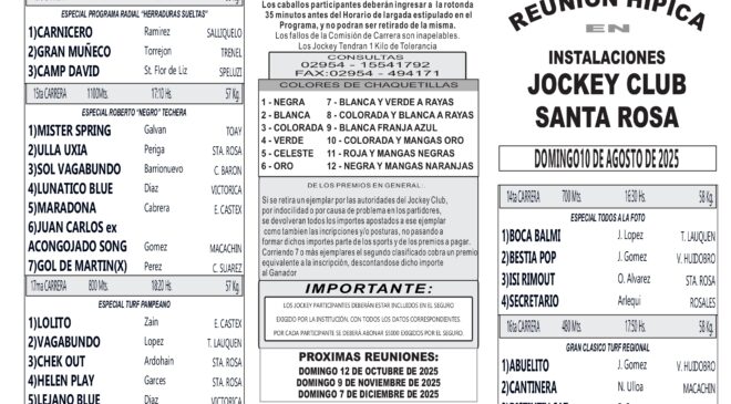 Resultados del Jockey Club Santa Rosa, domingo 10 de agosto