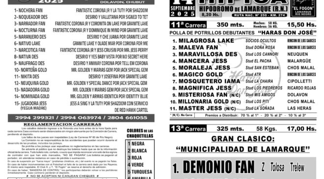 Resultados del Club Hípico El Fogón de Lamarque, domingo 14 de septiembre