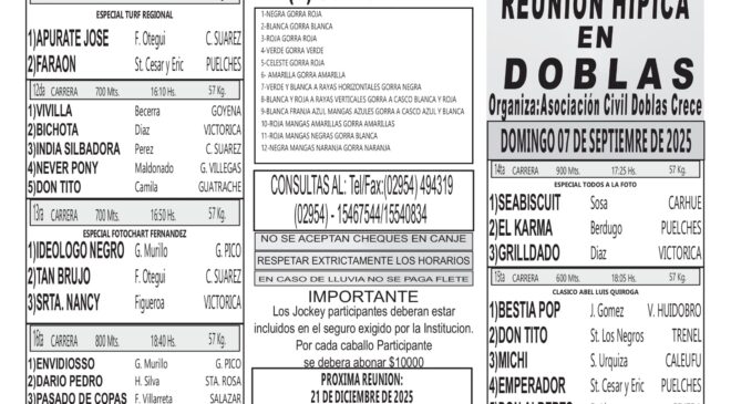 El programa de la Asoc. Civil Doblas Crece para el domingo 7 de septiembre