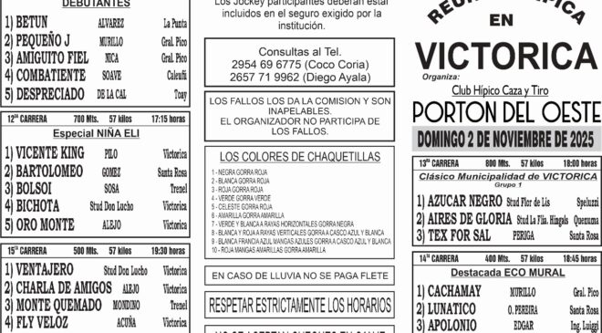 Resultados del Club Hípico “Caza y Tiro Portón del Oeste” Victorica, domingo 2 de noviembre