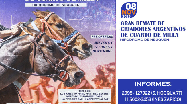 Sábado 8 de noviembre Remate de Criadores Argentinos de QM en el Jockey Club Neuquén