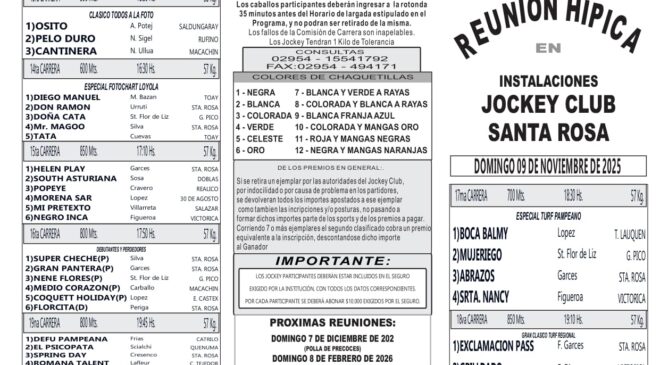 Resultados del Jockey Club Santa Rosa, domingo 9 de noviembre