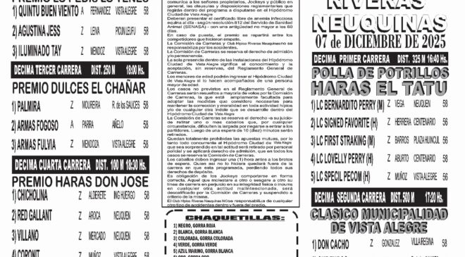 Programa Oficial del Club Hípico Riveras Neuquinas de Vista Alegre para este domingo 7 de Diciembre