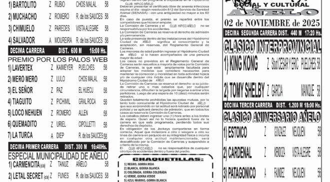 Resultados del Club Hípico Social y Cultural Añelo, domingo 2 de noviembre