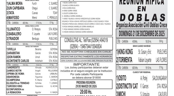 Resultados de la Asoc. Civil DOBLAS Crece, domingo 21 de diciembre