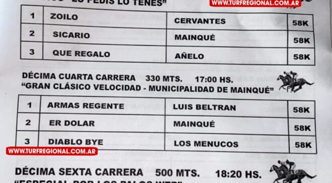 Programa del Club Hípico “Los Tamariscos” de Mainque para el domingo 8 de febrero