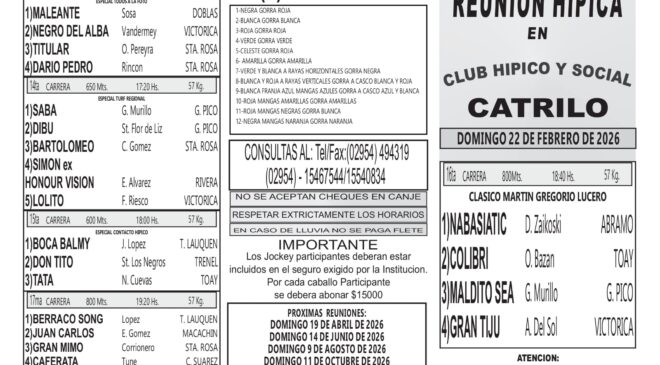 Programa del Club Hípico y Social CATRILO para este domingo 22 de febrero