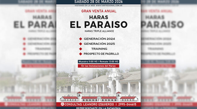 Sábado 28 de marzo: Gran Venta Anual de HARAS EL PARAISO