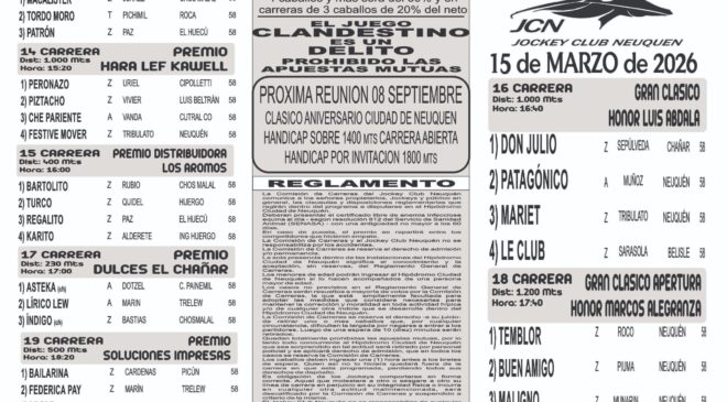 Resultados del Jockey Club Neuquén, domingo 15 de marzo