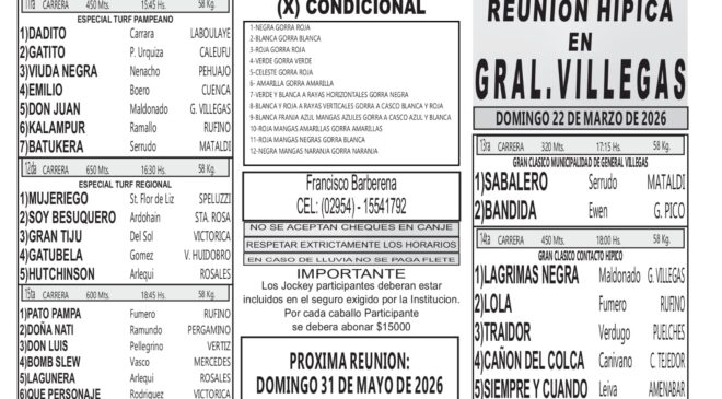 Programa del Club Hípico Gral. Villegas para el Lunes 23 de marzo