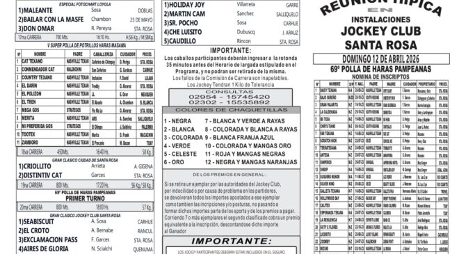 El programa del Jockey Club Santa Rosa para este domingo 12 de abril