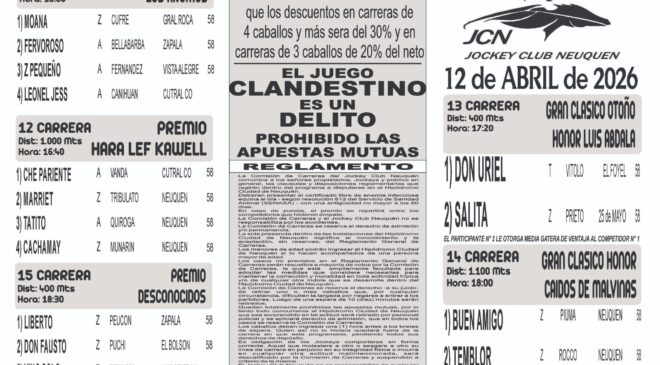 El programa del Jockey Club Neuquén para este domingo 12 de abril