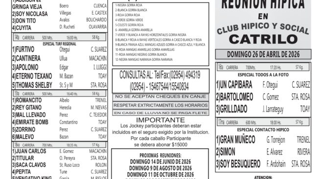 El programa del Club Hípico y Social Catrilo para este domingo 26 de abril