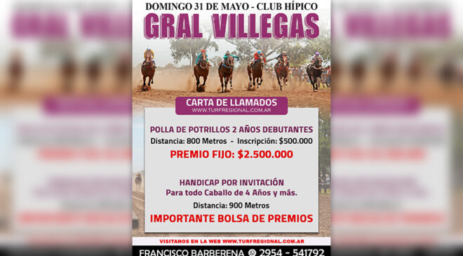 El 31 de mayo se corre en el Club Hípico General Villegas, aquí la carta de llamado