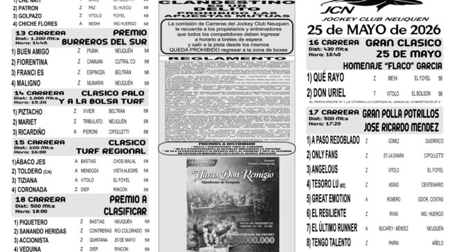 Resultados del Jockey Club Neuquén, lunes 25 de mayo