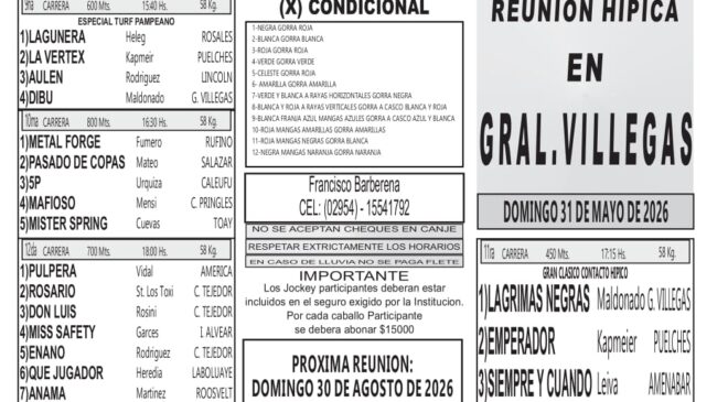 Resultados del Club Hípico General Villegas, domingo 31 de mayo