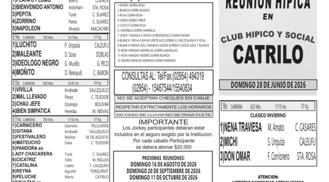 Programa del Club Hípico y Social Catrilo, La Pampa para este domingo 28 de junio