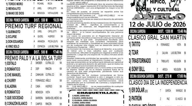 El domingo 12 de julio se corre en el Club Hípico Social y Cultural AÑELO, aquí el Programa