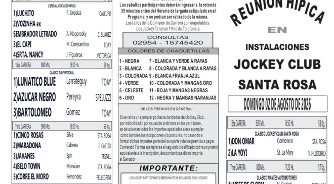 Programa Oficial del Jockey Club Santa Rosa, domingo 2 de Agosto