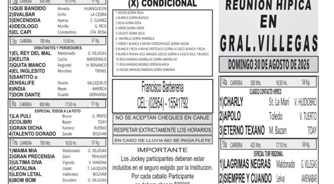 Resultados del Club Hípico General Villegas, domingo 30 de agosto