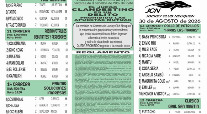 Resultados del Jockey Club Neuquén, domingo 30 de agosto