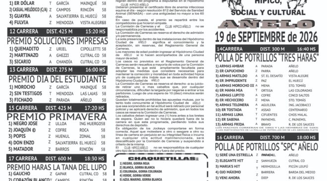 Resultados del Club Hípico Social y Cultural Añelo, sábado 19 de septiembre