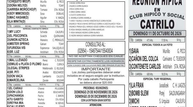 Programa del Club Hípico y Social CATRILO, domingo 11 de octubre